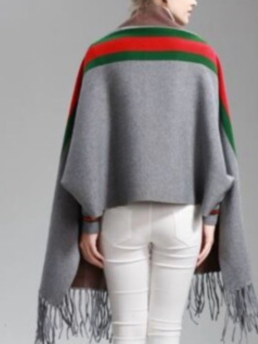 Moda International Grey Poncho Wrap with Red and Green Stripes